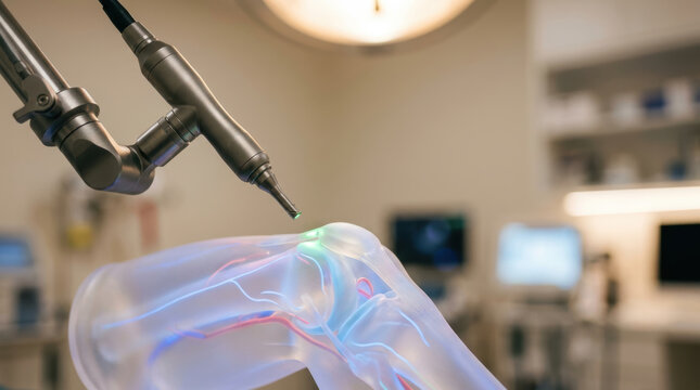 Prostate cancer treatment with robotic surgery equipment near transparent anatomical model in modern operating room