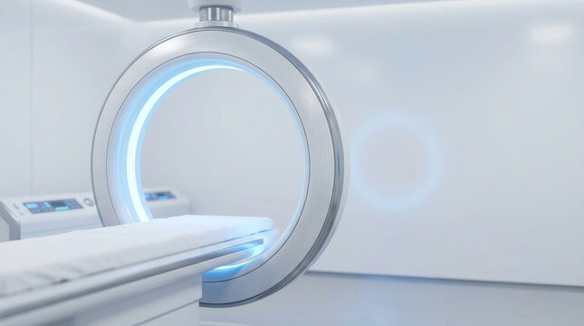 Prostate cancer treatment concept featuring advanced medical imaging equipment in clean clinical setting with calm blue illumination