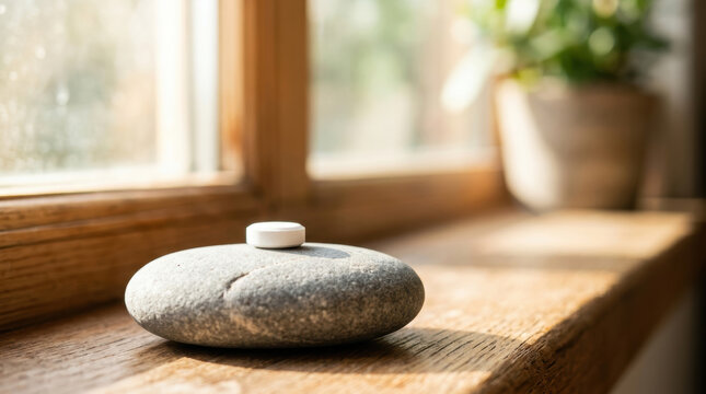 Smooth stone and white tablet suggest prostate cancer treatment support in calm sunlit home setting