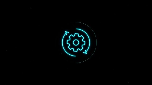 Cyan circular gear settings icon on black background, representing configuration, technology, and system adjustment motion graphic.