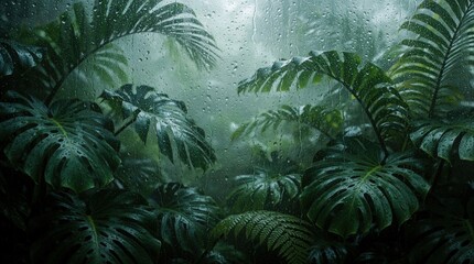 Obraz premium Tropical leaves viewed through steamy glass window with rain drops. Close up of lush green plants behind water covered pane, creating moody atmosphere.