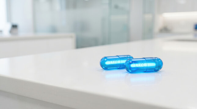 Blue capsule prostate cancer treatment concept with medical capsule on clean white laboratory surface