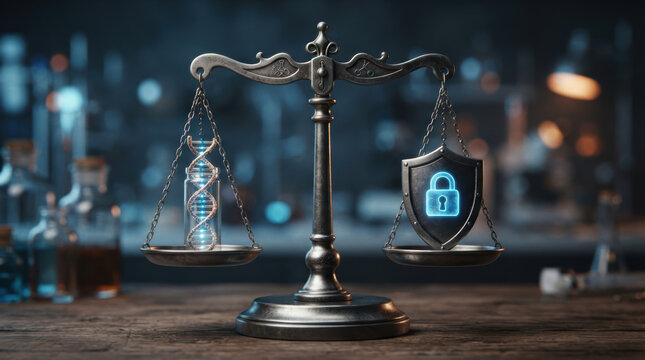 Personalized medicine genomics balance showing DNA research and digital privacy protection in modern laboratory setting