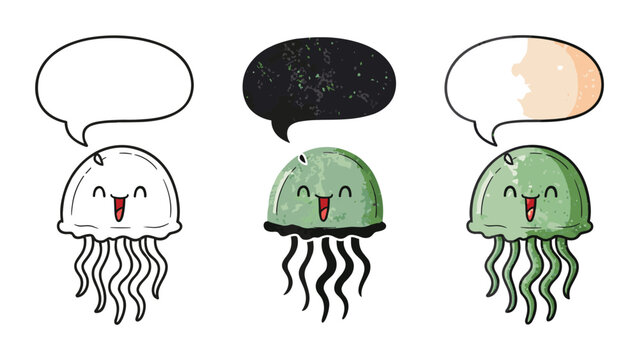 Cute kawaii jellyfish vector set with speech bubbles
