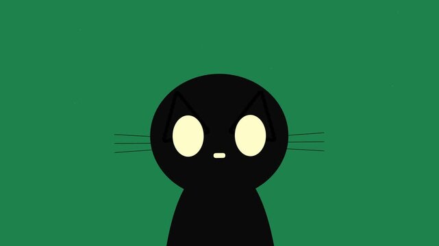 Cute black cat character with big eyes on green screen background, representing Halloween, cute mascot, and playful spooky motion graphic overlay.
