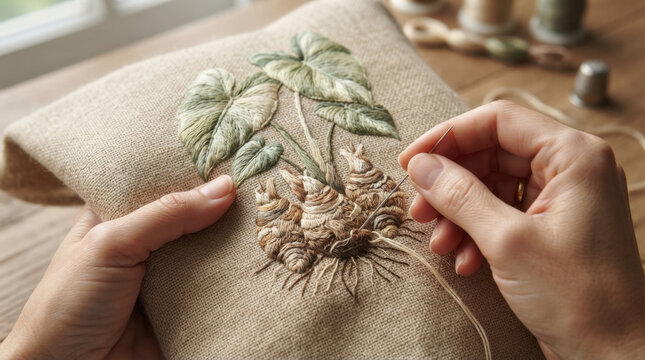 Detailed hand embroidery of botanical taro corms with green leaves stitched on rustic brown linen cloth for home decor displays.