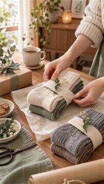 冬の靴下を畳んで布帯でまとめる手元