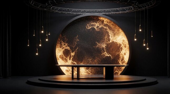 Dark stage with round backdrop, table and hanging lamps. Dramatic lighting creates moody, elegant atmosphere. Ideal for presentations or performances. High contrast scene.