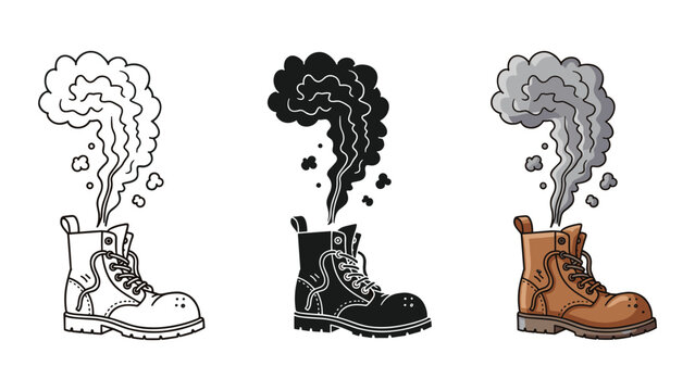 Work boot with smoke rising vector sticker design in multiple styles