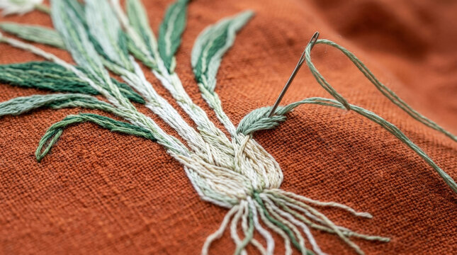 Detailed needlework of green plant stems on vibrant orange fabric texture with needle representing hobby embroidery project.