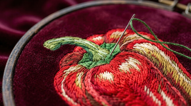Detailed red pepper embroidery on purple velvet fabric using needle and thread for exquisite textile art and creative decor.