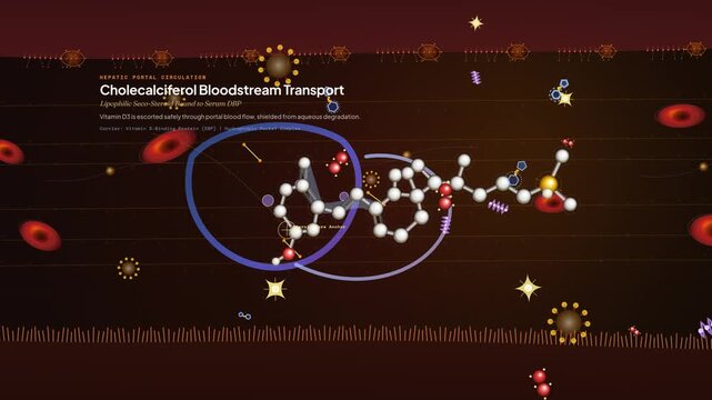 Scientific 3D animation detailing the hepatic hydroxylation of Vitamin D3 showing cholecalciferol transport and CYP2R1 enzyme catalysis resulting in calcidiol