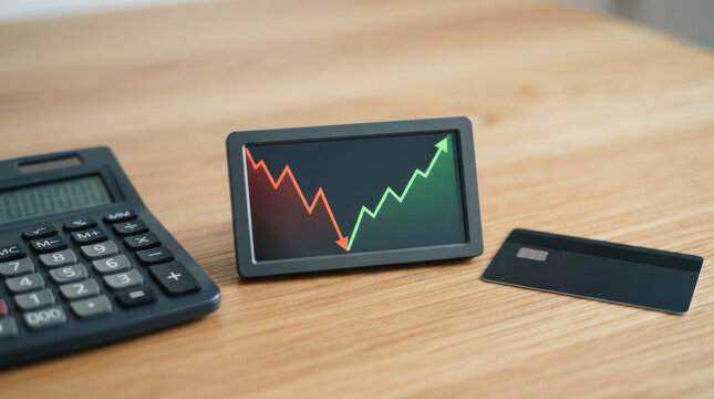 Financial report shows credit decline beside calculator and payment card on wooden desk
