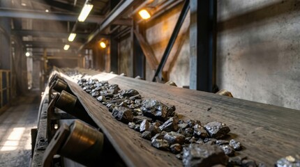 Fototapeta premium Industrial conveyor belt transporting raw coal or ore in a dimly lit mining or processing facility with metal beams and concrete walls