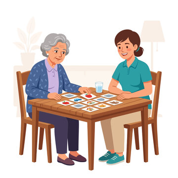 Intergenerational bonding: A senior woman and a younger woman playing a memory matching card game at a table
