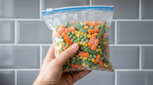 Hand holding a plastic bag of frozen mixed vegetables in front of a tiled wall