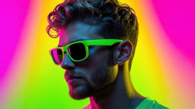 Young man with neon green sunglasses poses against vibrant pink and yellow gradient background. He has curly hair and stubble, looking confidently sideways. Modern style portrait.