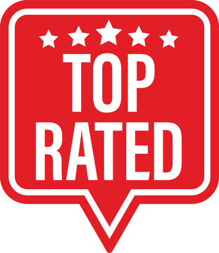 Red top rated pin pointer map icon with five white stars and bold typography for customer review feedback.