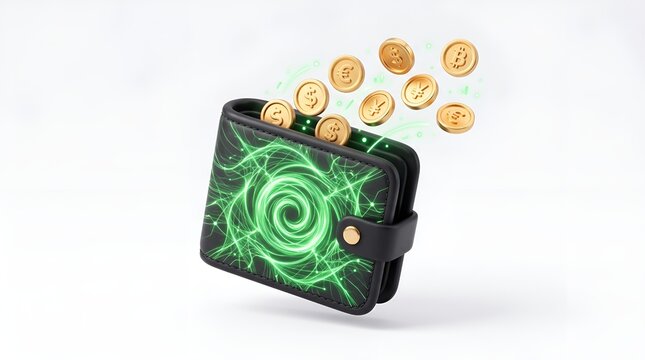Digital crypto wallet with glowing green energy, golden bitcoin coins flying into black leather wallet, futuristic financial technology concept
