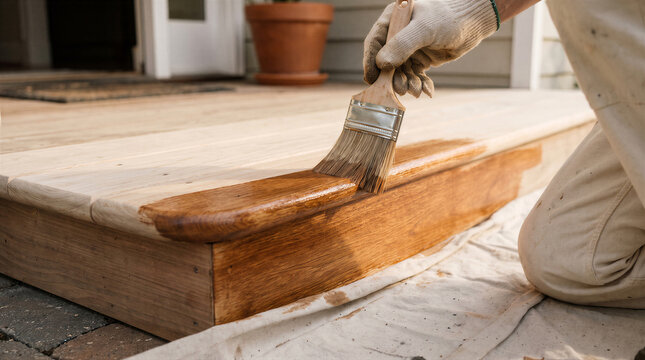 Closeup of a person wearing a work glove applying wood stain to a deck edge with a paintbrush, focusing on the wood grain