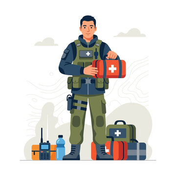 Military Medic Holding First Aid Kit, Ready for Emergency Medical Response