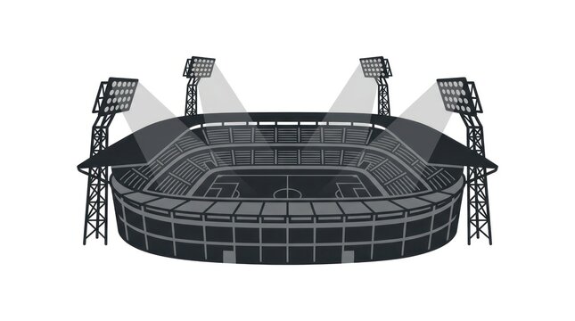 Detailed soccer stadium arena with illuminated floodlights.