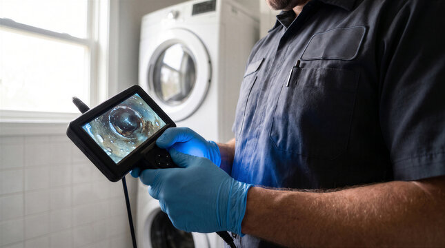Plumber using a sewer inspection camera to examine a drain pipe inside a laundry room