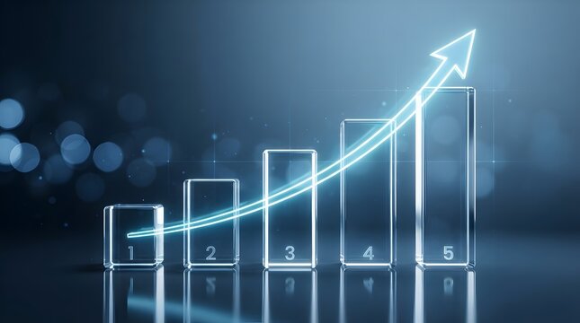 Conceptual 3D illustration of a glowing blue rising arrow moving upwards over glass bar charts on a dark background, representing financial success, economic growth, and business progress.