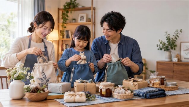 親子で贈り物をそれぞれの巾着袋に詰める