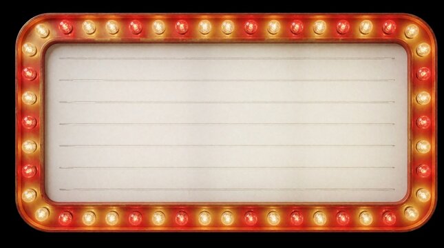 Retro illuminated sign with blank space for text. Vintage marquee border with glowing red and yellow bulbs isolated on black background. Use for announcements or retro theme.