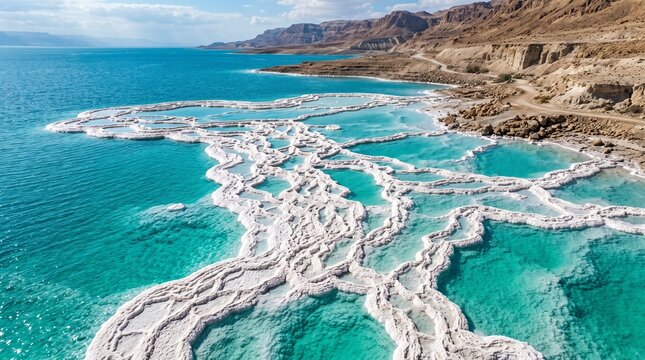Aerial view of intricate white salt crystal formations creating geometric patterns in the vibrant turquoise water of the Dead Sea
