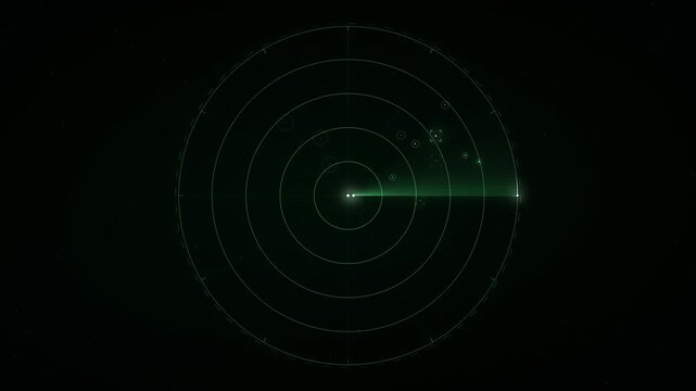 Green Radar Screen with Rotating Sonar Sweep, Target Blips and Echo Rings on Dark Background, Seamless 4K Loop, Military Detection and Security HUD Concept