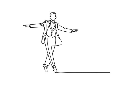 Continuous single line drawing of a man dancing in a formal tuxedo suit