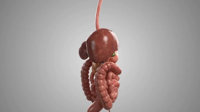 3D medical illustration of the human digestive system and internal organs.