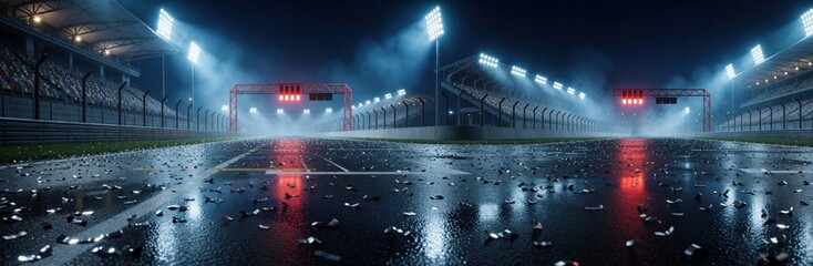 Fototapeta premium Wet race track straight at night illuminated by stadium lights. Silver confetti scattered on asphalt surface after victory celebration. Empty grandstands and red start lights.