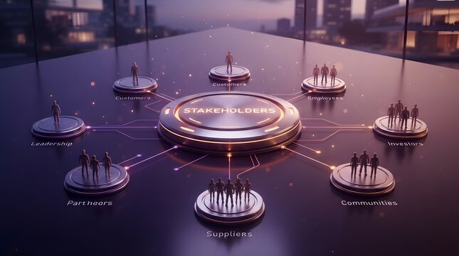 Business Stakeholder Network Visualization with Futuristic Digital Map Connecting Investors, Customers, Employees, and Partners in a Corporate Ecosystem Management and Strategy Concept