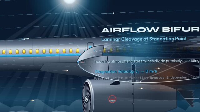 Educational animation explaining the principles of aerodynamic lift on an airplane wing including airflow bifurcation velocity gradient and Bernoulli pressure drop during flight
