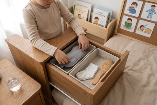 Child Organizing Personal Care Items During Routine