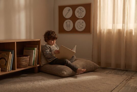 Child Reading Quietly During Independent Bedroom Routine