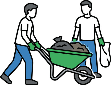 Volunteers pushing wheelbarrow full of trash bags, community cleanup, teamwork