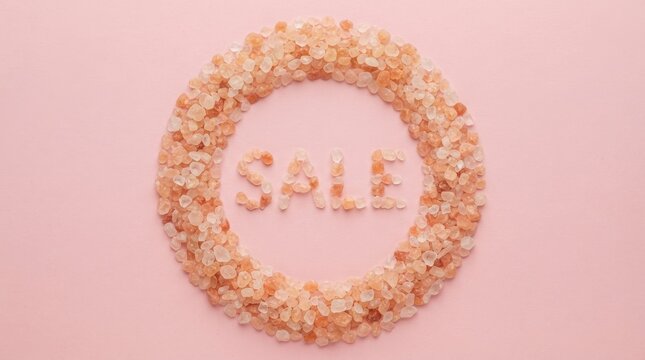 The word sale spelled out with pink himalayan salt crystals arranged in a circle on a soft pink background