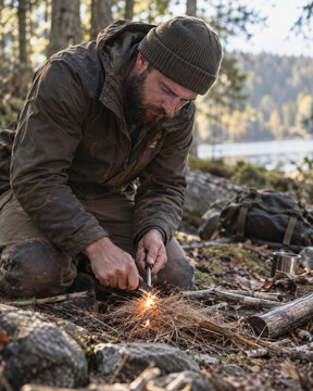 Bearded outdoorsman striking a fire starter into dry tinder on the forest floor, creating sparks while building a small wilderness campfire.