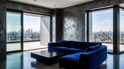 Fototapeta premium Modern penthouse living room with cobalt blue sofa, black coffee table. Large glass doors open to terrace with urban cityscape view. Stylish interior design features gray textured walls, luxury