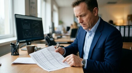 Obraz premium Broker Reviewing a Quote Comparison Grid on a Printed Sheet - Insurance Broker and Reinsurance Placement Concept
