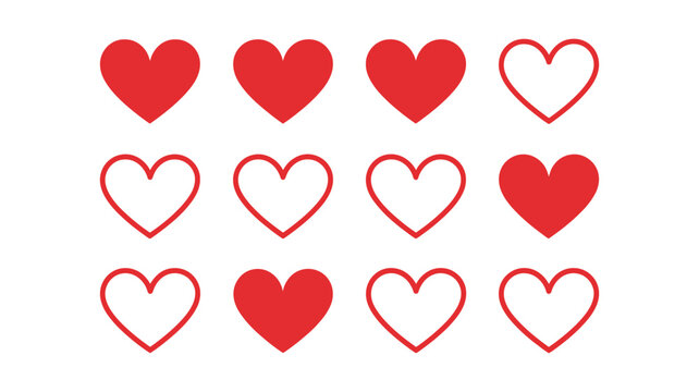 Red Heart Icons Set, Filled and Outline Love Symbols Collection