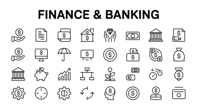 Finance and Banking Icons Set, Money Investment and Financial Services Symbols