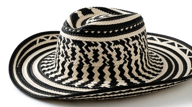 Handwoven Colombian sombrero vueltiao hat features traditional black, white geometric zigzag patterns. Iconic artisanal accessory made from cana flecha straw, presenting cultural heritage on clean