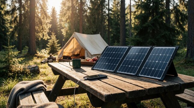 Portable solar panels charge phone at forest campsite. Tent and picnic table set up in sunlit woods. Relaxing outdoor scene with renewable energy tech.