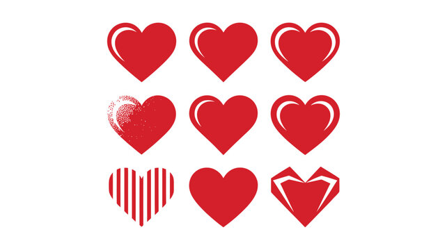Red Heart Icons Set, Romantic Love Hearts and Valentine Symbols Collection