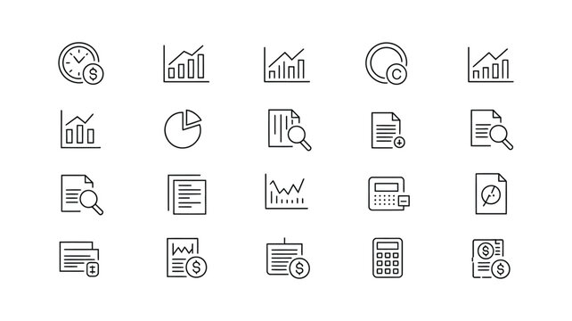 Financial Analytics Icons Set, Business Charts Reports and Data Analysis Symbols